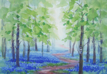 Blue flowers in the misty forest watercolor landscape