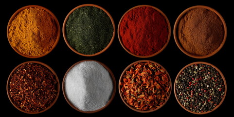 Set spices, turmeric powder, dry chopped dill, red paprika, cinnamon ground, spicy chili pepper...
