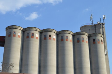 large concrete silos for storing wheat and corn