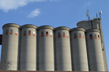 large concrete silos for storing wheat and corn