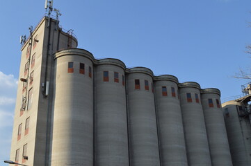 large concrete silos for storing wheat and corn