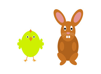 Chick and rabbit on a white background, illustration for Easter.