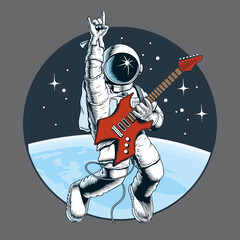 Astronaut playing electric guitar in space and gesturing devil horns sign. Space tourist. Vector illustration. © ledokol.ua