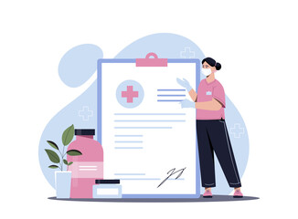Medical assistant concept. Girl next to documents, insurance and medicines. Masked girl, specialist. Health care and annual treatment, body examination and research. Cartoon flat vector illustration
