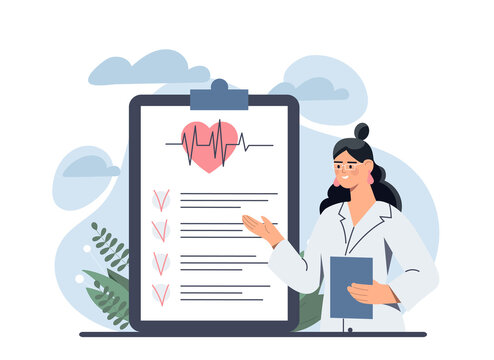 Medical checkup concept. Girl with tablet on background of documents. Results of medical researches and annual check of health. Doctor on backdrop of diagnosis. Cartoon flat vector illustration
