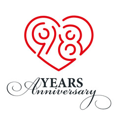 98 years anniversary celebration number thirty bounded by a loving heart red modern love line design logo icon white background