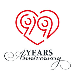 99 years anniversary celebration number thirty bounded by a loving heart red modern love line design logo icon white background