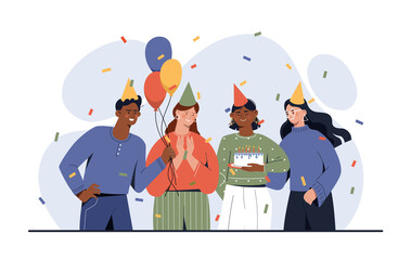Celebrating birthday or anniversary concept. Young men and women with cake, confetti, balloons and festive hats. Happy holiday or party. Design for postcard. Cartoon flat vector illustration
