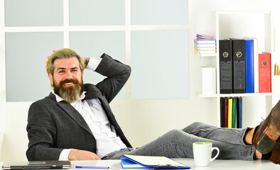 Working day. CEO has to be moral leader of company. Man bearded boss sit office. Manager solving...