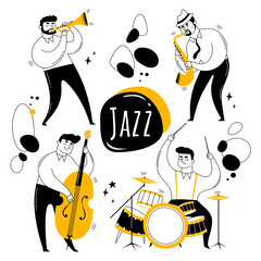 Jazz band. Musicians play instruments: trumpet, saxophone,double bass and drums. Vector illustration