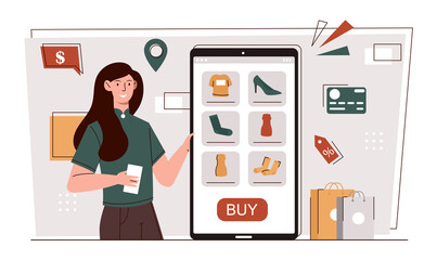 Online shopping concept. Woman buys clothes in mobile application of online store. E commerce or service on smartphone screen. Making purchases and paying remotely. Cartoon flat vector illustration