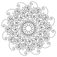 Mandala with floral motifs and butterflies, meditative coloring page for creativity