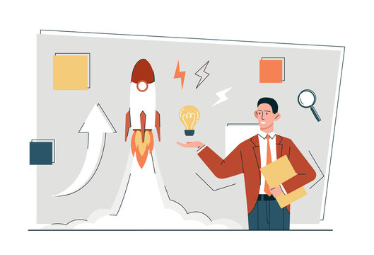 Starting new business or educational project. Young male entrepreneur holds light bulb and launches startup in form of rocket. Man promotes company and develops it. Cartoon flat vector illustration