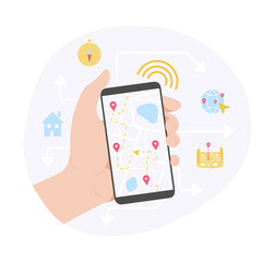 Mobile gps navigation concept. Hand holds smartphone with city map and location icons. Search for route and right direction of movement. Travel and address search. Cartoon flat vector illustration