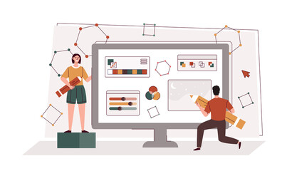 Drawing with pen in graphic editor. Young man and woman stand next to computer screen and create interface. Graphic designers or illustrators. Creative profession. Cartoon flat vector illustration