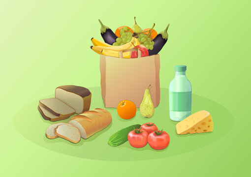 Vegetables, fruits and products in a bag on a green background in a vector image. Fruits bananas, eggplants, apples, oranges, pears, grapes and bread, loaf, milk, cheese, tomatoes and cucumbers. 