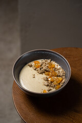 Delicious semolina pudding ( porridge ) with halva and lemon jam