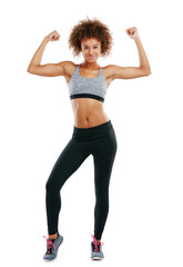 Time to maximize your potential and whip that body into shape. Studio shot of a fit young woman flexing her muscles against a white background.