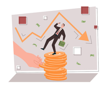 Investment risk concept. Big hand pulls coins out of stack so that investor falls and crashes. Instability and uncertainty of stock market. Loss of money. Cartoon modern flat vector illustration