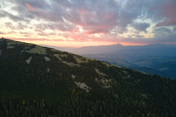 Aerial view of amazing scenery with foggy dark mountain peak covered with forest pine trees at autumn sunrise. Beautiful wild woodland with shining rays of light at dawn