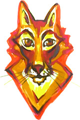 Grunge fox head symbol on a white backdrop. Bright fox or red wolf head for emblems, prints on T-shirts, interior solutions, fabric, textiles, logos, fashion trends, decorative compositions, etc.