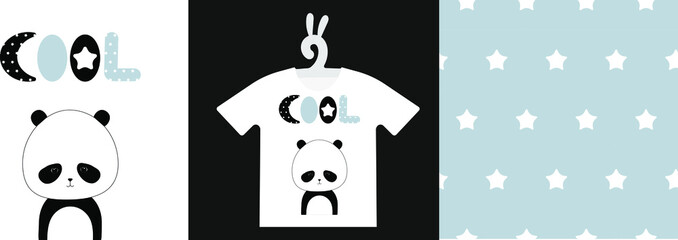 Baby Animal Prints and seamless pattern on T-shirts, sweatshirts, clothing, textile. Drawn cute baby panda. Isolated vector illustration