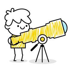 Man character in minimalistic hand drawn line style. Social communication. White, blue and yellow colors. Happy team worker. Hobbies and travel. Management and organization. 