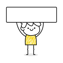 Man character in minimalistic hand drawn line style. Social communication. White, blue and yellow colors. Happy team worker. Hobbies and travel. Management and organization. 