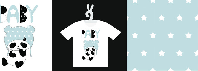 Baby Animal Prints and seamless pattern on T-shirts, sweatshirts, clothing, textile. Drawn cute baby panda. Isolated vector illustration