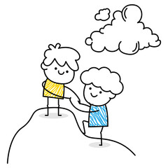 Man character in minimalistic hand drawn line style. Social communication. White, blue and yellow colors. Happy team worker. Hobbies and travel. Management and organization. 
