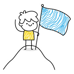 Man character in minimalistic hand drawn line style. Social communication. White, blue and yellow colors. Happy team worker. Hobbies and travel. Management and organization. 