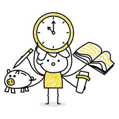 Man character in minimalistic hand drawn line style. Social communication. White, blue and yellow colors. Happy team worker. Hobbies and travel. Management and organization. 