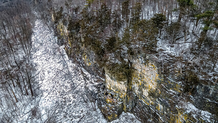 A steep icy ledge in the forest