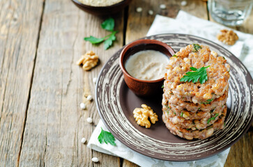 Quinoa walnuts White Beans Parsley Burgers in a plate