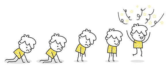 Man character in minimalistic hand drawn line style. Social communication. White, blue and yellow colors. Happy team worker. Hobbies and travel. Management and organization. 