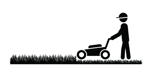 Stickman, stick figure man with lawnmower. Vector icon or pictogram. Garden tools. Grass awn mower logo. Grass cutter or grass mower sign. - obrazy, fototapety, plakaty