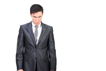 Angry man in formal suit feeling dissatisfied