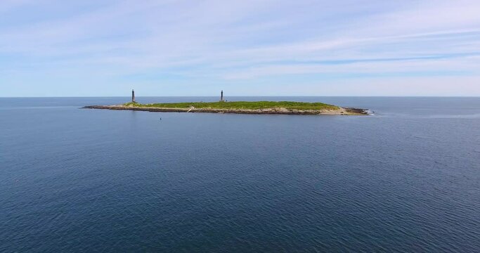 Aerial view of Thacher Island Lighthouses on Thacher Island, Rockport, Cape Ann, Massachusetts MA, USA. Thacher Island Lighthouses was built in 1771.