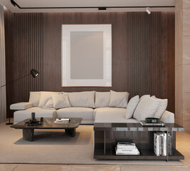 living room with corner sofa and wooden wall, picture on the wall