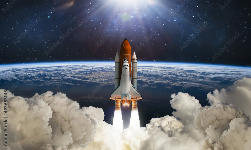 Sticker space shuttle flight in space. rocket launch. earth planet and clouds space wallpaper. elements of t