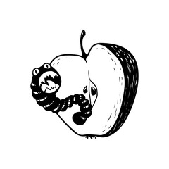 Scary worm parasite in an apple. Vector black on white illustration