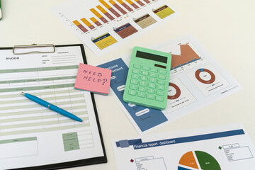 business working paper with a diagram calculator pen on desk