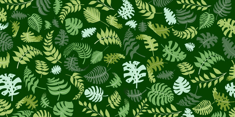 Background with exotic jungle plants. Tropical palm leaves. Rainforest illustration in green colors.