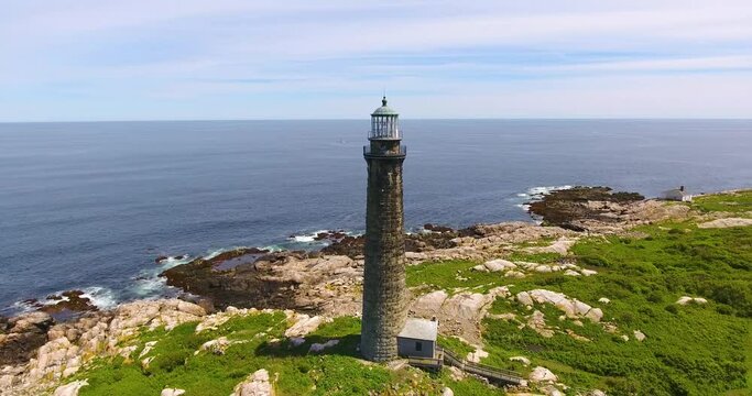Aerial view of Thacher Island Lighthouses on Thacher Island, Rockport, Cape Ann, Massachusetts MA, USA. Thacher Island Lighthouses was built in 1771.