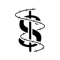 Sustainable development social problem line icon vector. big data and Boycott, business war, trade war sign. isolated contour black illustration. barbed wire and dollar sign
