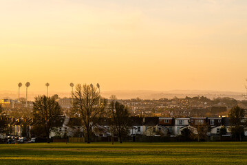 Horfield common at sunrise with memorial stadium in distance