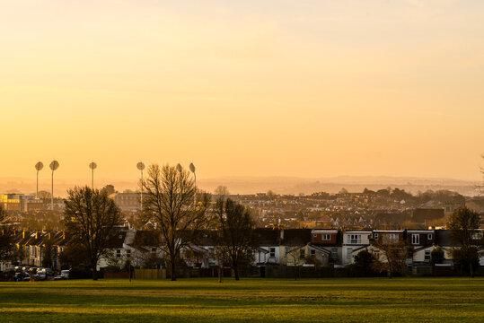 Horfield Common At Sunrise With Memorial Stadium In Distance