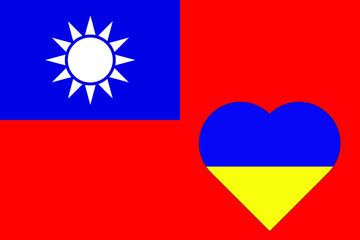 A heart painted in the colors of the flag of Ukraine on the flag of Taiwan. Vector illustration of a blue and yellow heart on the national symbol.