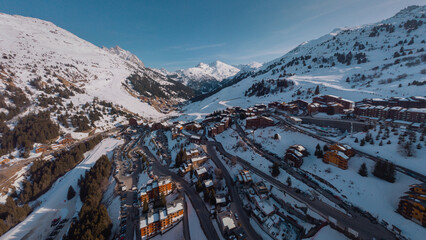 Wide Aerial panorama of Meribel village, on the end of the valley in the french Alps. Beautiful...