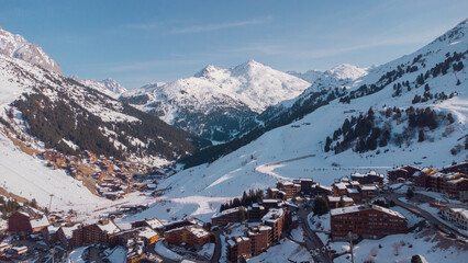 Aerial panorama of Meribel village, on the end of the valley in the french Alps. Beautiful panorama...